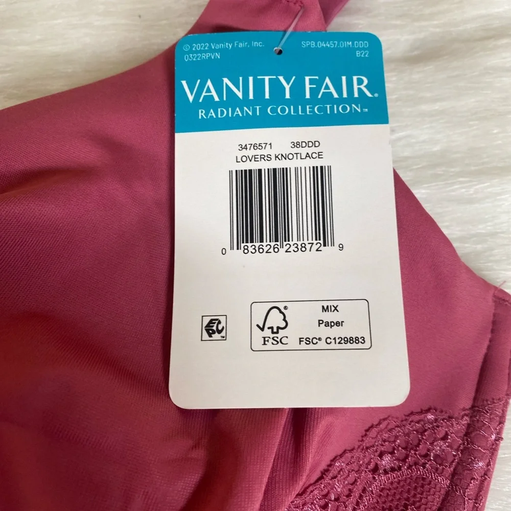 NWT Vanity Fair Womens Bra Radiant Smooth Back Underwire Mauve 38DDD